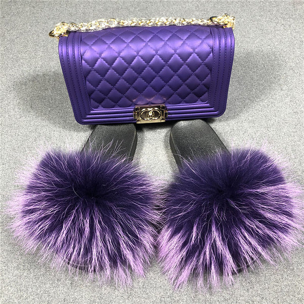 Fur slides with purse set new arrivals